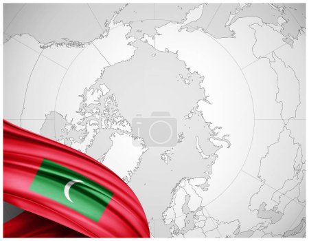 Photo for Maldives flag of silk with world map background-3D illustration - Royalty Free Image