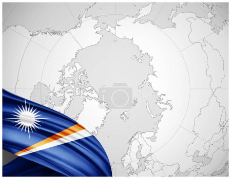 Téléchargez les photos : Drapeau des Îles Marshall en soie avec fond de carte du monde-Illustration 3D - en image libre de droit