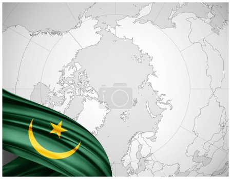 Photo for Mauritania flag of silk with world map background-3D illustration - Royalty Free Image