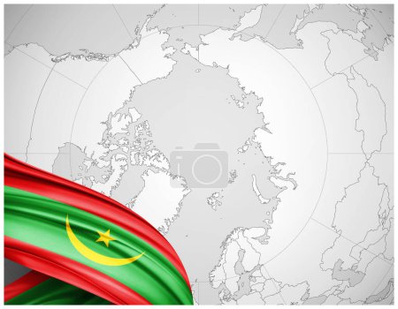 Foto de Bandera de Mauritania de seda con mapa del mundo fondo-3D ilustración - Imagen libre de derechos