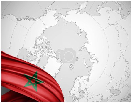 Foto de Bandera de Marruecos de seda con mapa del mundo fondo-3D ilustración - Imagen libre de derechos