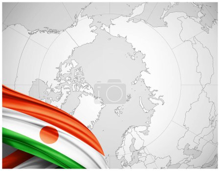 Foto de Bandera de Níger de seda con mapa del mundo fondo-3D ilustración - Imagen libre de derechos