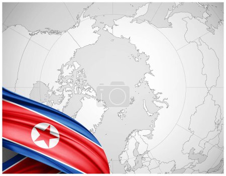 Téléchargez les photos : Drapeau de soie de Corée du Nord avec fond de carte du monde-Illustration 3D - en image libre de droit