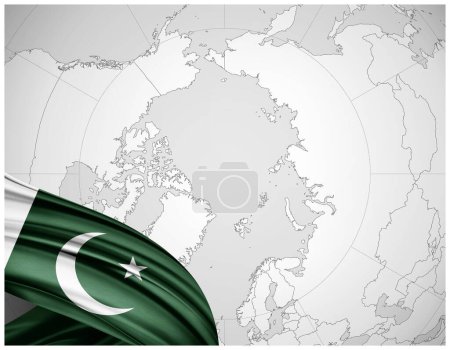Photo for Pakistan flag of silk with world map background-3D illustration - Royalty Free Image