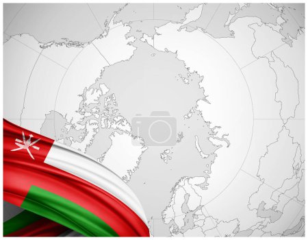 Téléchargez les photos : Oman drapeau de soie avec carte du monde fond-illustration 3D - en image libre de droit