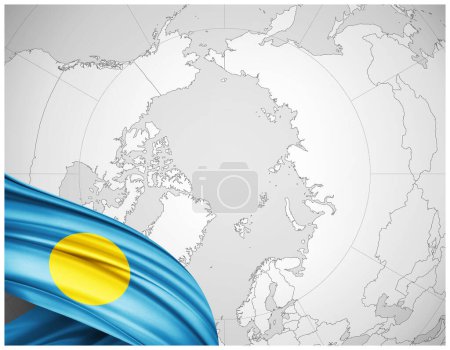 Photo for Palau flag of silk with world map background-3D illustration - Royalty Free Image