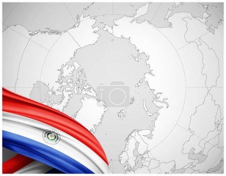 Téléchargez les photos : Drapeau Paraguay en soie avec fond de carte du monde-Illustration 3D - en image libre de droit