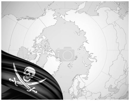 Téléchargez les photos : Drapeau pirate de soie avec fond de carte du monde-illustration 3D - en image libre de droit