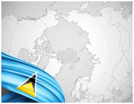Photo for Saint Lucia flag of silk with world map background-3D illustration - Royalty Free Image