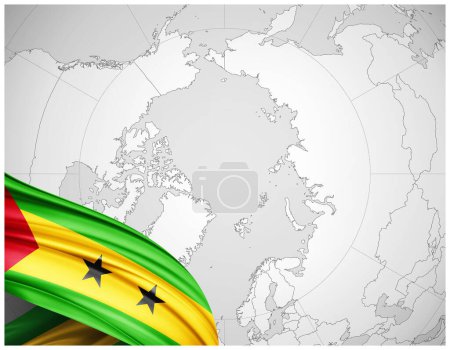 Foto de Bandera Santo Tomé de seda con mapa del mundo fondo-3D ilustración - Imagen libre de derechos