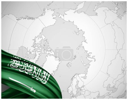Téléchargez les photos : Arabie Saoudite drapeau de soie avec fond de carte du monde-illustration 3D - en image libre de droit
