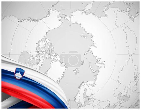 Foto de Bandera de Eslovenia de seda con mapa mundial de fondo-3D ilustración - Imagen libre de derechos