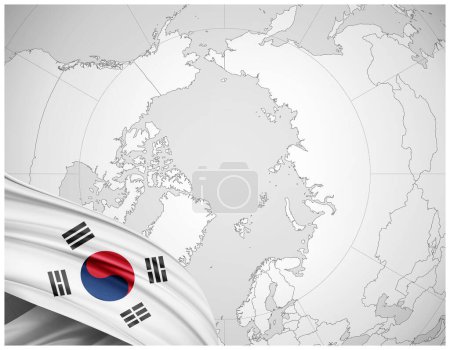 Téléchargez les photos : Corée du Sud drapeau de soie avec fond de carte du monde-illustration 3D - en image libre de droit