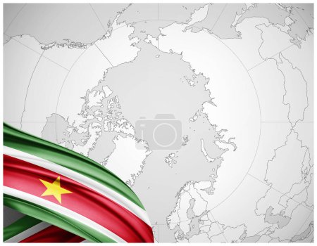 Photo for Suriname flag of silk with world map background-3D illustration - Royalty Free Image