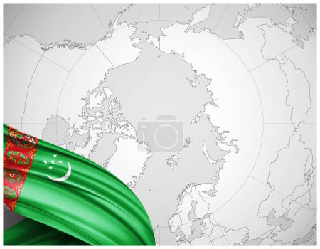Foto de Bandera de seda de Turkmenistán con mapa del mundo fondo-3D ilustración - Imagen libre de derechos