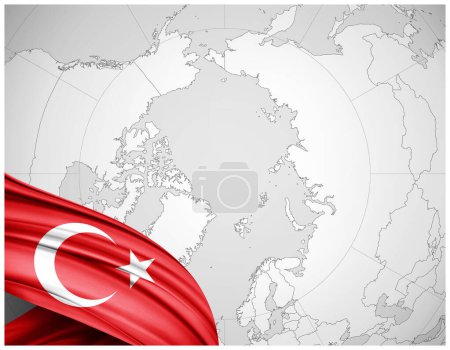 Foto de Bandera de Turquía de seda con mapa mundial de fondo-3D ilustración - Imagen libre de derechos