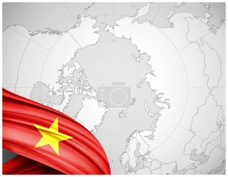 Foto de Bandera de Vietnam de seda con mapa del mundo fondo-3D ilustración - Imagen libre de derechos