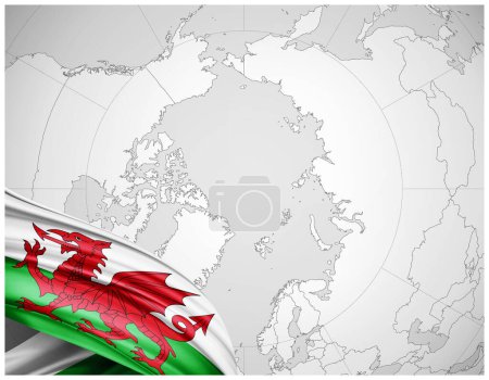 Téléchargez les photos : Drapeau de soie du Pays de Galles avec carte du monde fond-illustration 3D - en image libre de droit