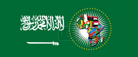 Foto de Bandera de Arabia Saudita con mapa y banderas del Mundo Africano - Ilustración 3D - Imagen libre de derechos