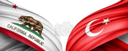 Téléchargez les photos : Illustration 3D. Drapeau de la Turquie et drapeau de la Californie de soie - en image libre de droit