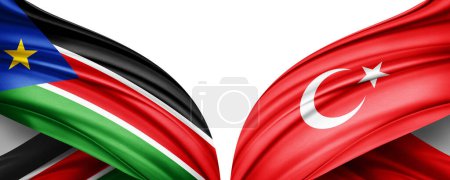 Foto de Ilustración 3D. Bandera de Turquía y Bandera de Sudán del Sur de seda - Imagen libre de derechos