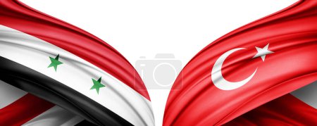 Foto de Ilustración 3D. Bandera de Turquía y bandera de Siria de seda - Imagen libre de derechos