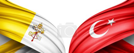 Téléchargez les photos : Illustration 3D. Drapeau de Turquie et drapeau de soie de la Cité du Vatican - en image libre de droit