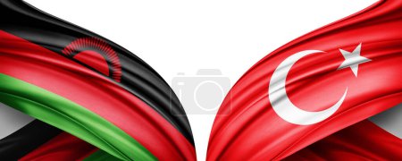 Foto de Ilustración 3D. Bandera de Turquía y Bandera de Malawi de seda - Imagen libre de derechos