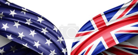 Foto de Bandera americana y bandera del Reino Unido de seda y fondo blanco-3D ilustración - Imagen libre de derechos