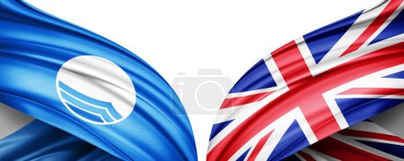 Foto de Bandera azul y bandera del Reino Unido de seda y fondo blanco-3D ilustración - Imagen libre de derechos
