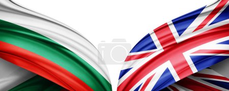 Foto de Bandera de Bulgaria y bandera del Reino Unido de seda y fondo blanco-3D ilustración - Imagen libre de derechos