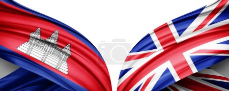 Foto de Bandera de Camboya y Bandera del Reino Unido de seda y fondo blanco-3D ilustración - Imagen libre de derechos