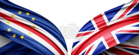 Téléchargez les photos : Drapeau Cap-Vert et drapeau du Royaume-Uni en soie et fond blanc illustration 3D. - en image libre de droit