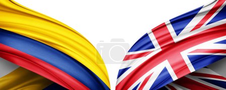 Foto de Bandera de Colombia y Bandera del Reino Unido de seda y fondo blanco-3D ilustración - Imagen libre de derechos