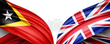 Foto de Bandera de Timor Oriental y Bandera del Reino Unido de seda y fondo blanco-3D ilustración - Imagen libre de derechos
