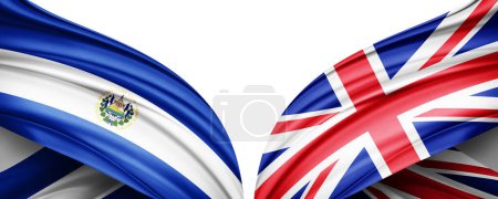 Foto de Bandera de El Salvador y Bandera del Reino Unido de seda y fondo blanco-3D illustration - Imagen libre de derechos