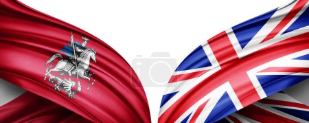 Téléchargez les photos : Drapeau de Moscou, Russie et Royaume-Uni drapeau de soie-Illustration 3D - en image libre de droit
