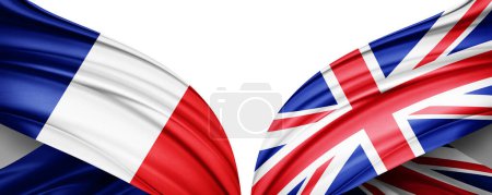 Téléchargez les photos : Drapeau de France et drapeau du Royaume-Uni en soie et fond blanc illustration 3D - en image libre de droit