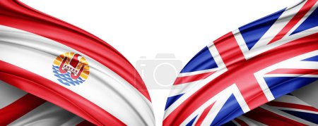 Téléchargez les photos : Drapeau Polynésie française et drapeau du Royaume-Uni de soie-Illustration 3D - en image libre de droit