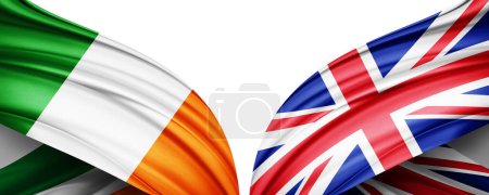 Foto de Bandera de Irlanda y Bandera del Reino Unido de seda y fondo blanco-3D ilustración - Imagen libre de derechos