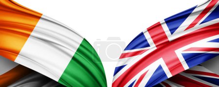 Téléchargez les photos : Drapeau de la côte d'ivoire et drapeau du Royaume-Uni de soie et d'arrière-plan blanc illustration 3D - en image libre de droit