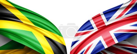 Foto de Bandera de Jamaica y bandera del Reino Unido de seda y fondo blanco-3D ilustración - Imagen libre de derechos