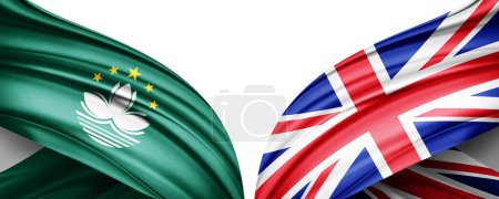 Téléchargez les photos : Drapeau de Macao et drapeau du Royaume-Uni en soie et fond blanc illustration 3D - en image libre de droit