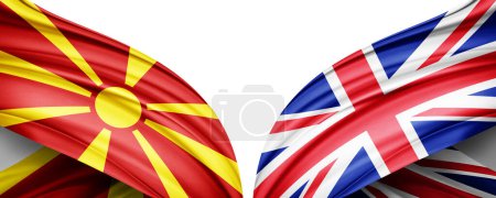 Téléchargez les photos : Drapeau de Macédoine et drapeau du Royaume-Uni en soie et fond blanc illustration 3D. - en image libre de droit