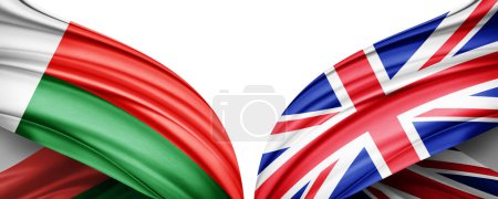 Téléchargez les photos : Drapeau de Madagascar et drapeau du Royaume-Uni en soie et fond blanc illustration 3D - en image libre de droit
