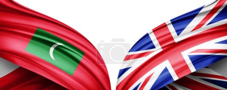 Téléchargez les photos : Drapeau des Maldives et drapeau du Royaume-Uni en soie et fond blanc illustration 3D. - en image libre de droit