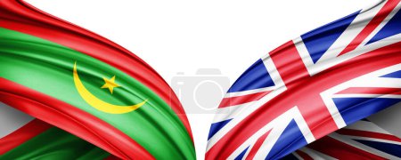 Téléchargez les photos : Drapeau de Mauritanie et drapeau du Royaume-Uni en soie et fond blanc illustration 3D. - en image libre de droit
