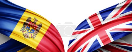 Foto de Bandera de Moldavia y Bandera del Reino Unido de seda y fondo blanco-3D ilustración - Imagen libre de derechos