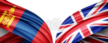 Foto de Bandera de Mongolia y Bandera del Reino Unido de seda y fondo blanco-3D ilustración - Imagen libre de derechos