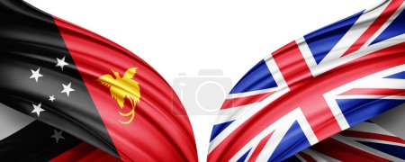 Téléchargez les photos : Drapeau de Nouvelle-Guinée et drapeau du Royaume-Uni en soie et fond blanc-Illustration 3D - en image libre de droit